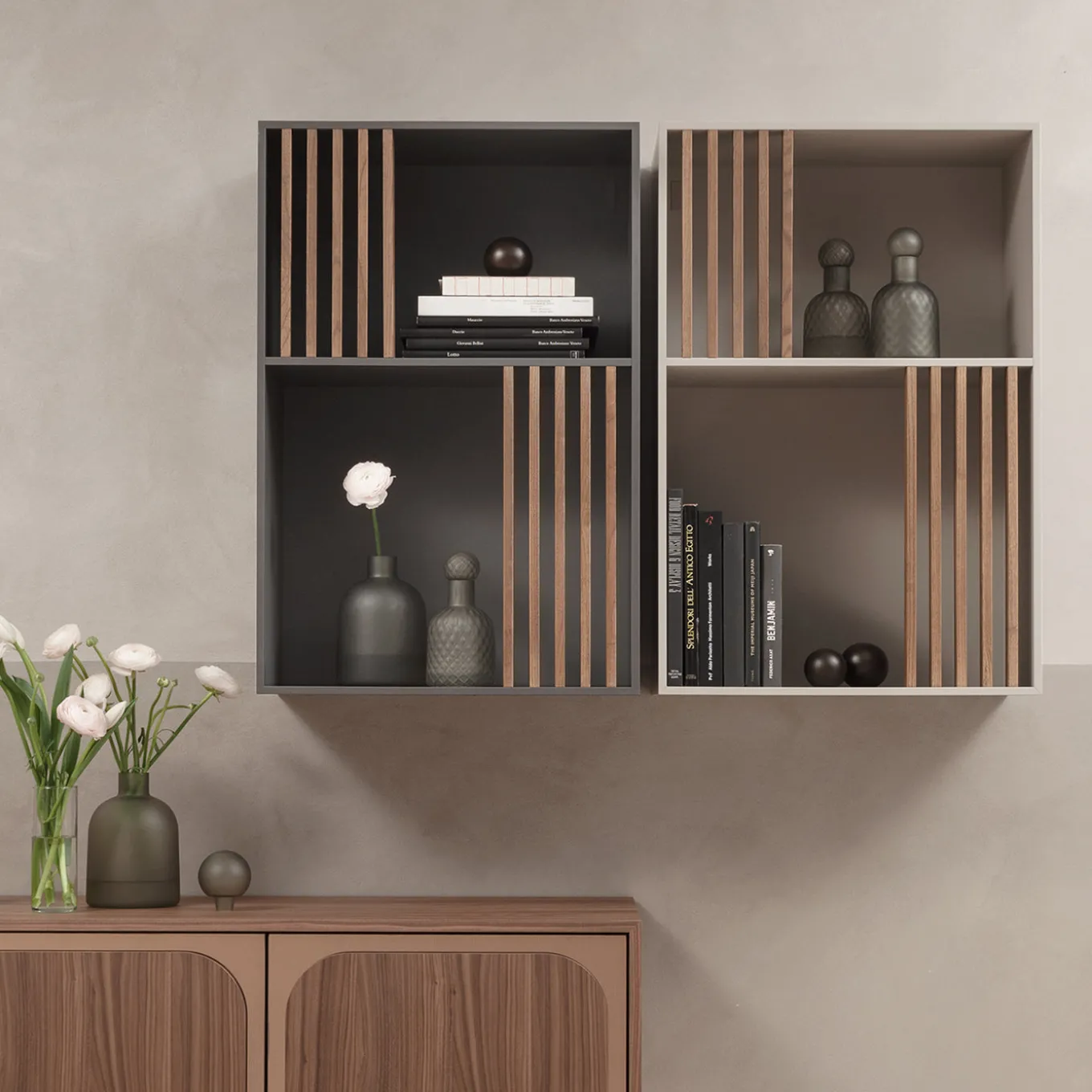 Mondrian Pechino Beige Bookcase with Solid Wood Walnut-Stained Accents