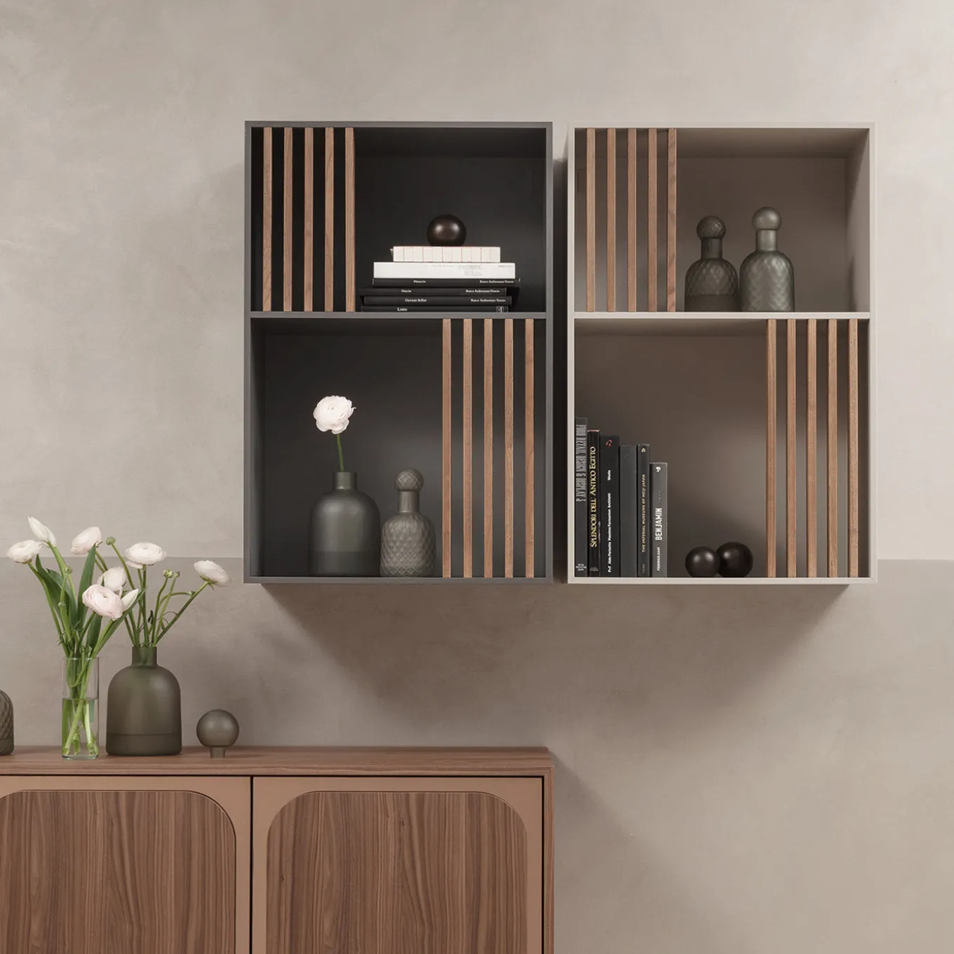 Mondrian Volcano Gray Bookcase with Solid Wood Walnut-Stained Accents