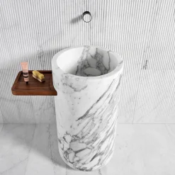 Monolithos Cylindrical Marble Washbasin with Wood Tray