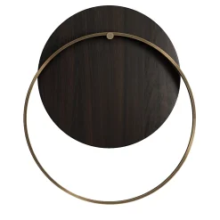 Myring bronze finish brass and brown wood disc wall lamp