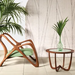 Nanto Round wood Outdoor Coffee Table with glass top