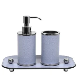 Olimpia Round Chromed/Light-Blue Leather Bathroom Set