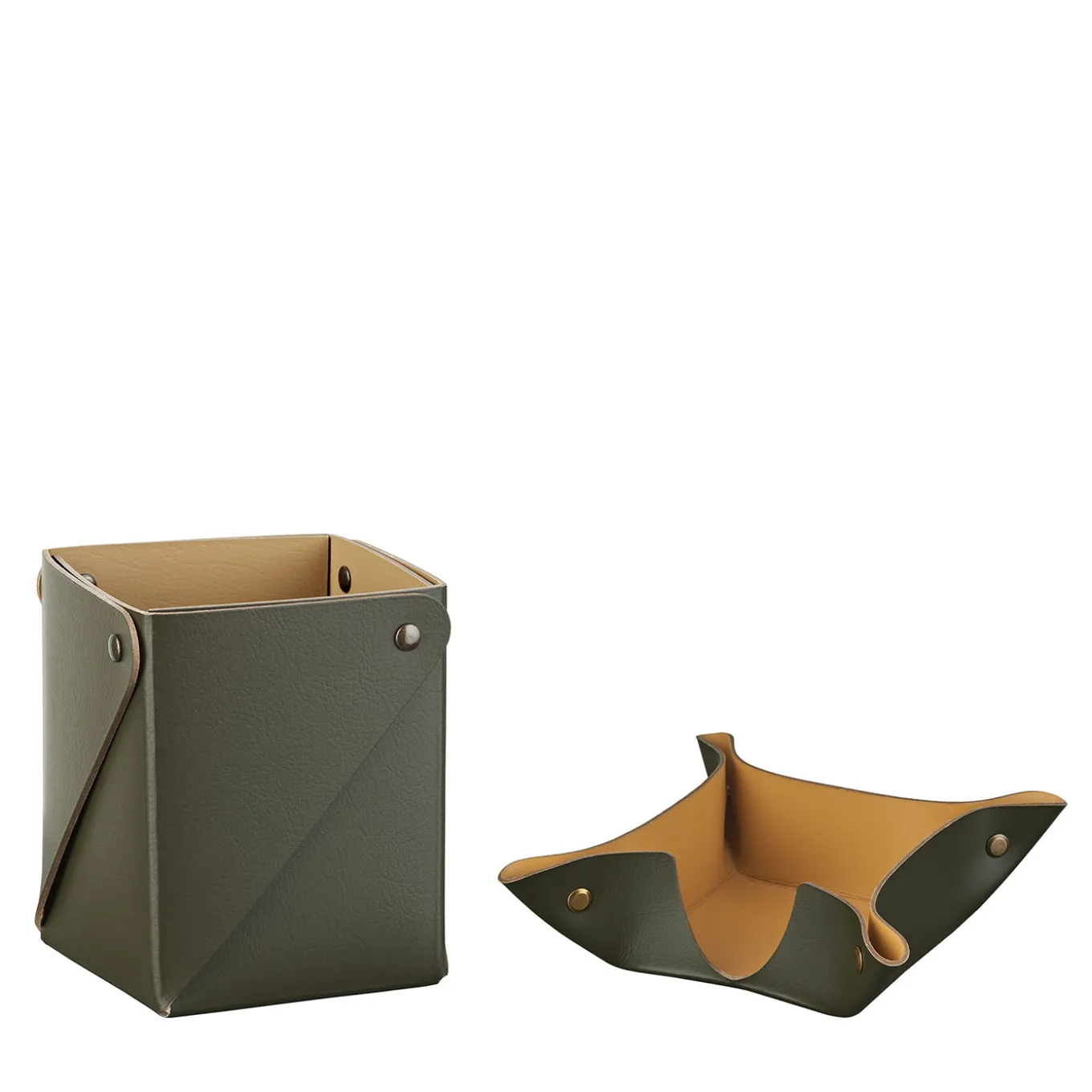 Olive and mustard leather Paper Block Holder and Miu Box set
