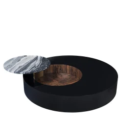 Orbital Lacquered Black Wood With Marble Tray Round Coffe Table