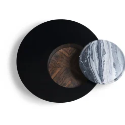 Orbital Lacquered Black Wood With Marble Tray Round Coffe Table