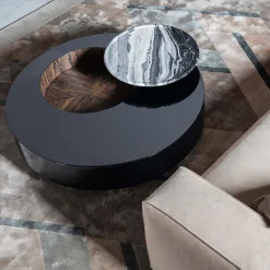 Orbital Lacquered Black Wood With Marble Tray Round Coffe Table