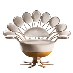 Pavone White Fabric And Brass Petal Armchair