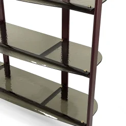 Petra Red Metal Bookcase with Curved Bronze Glass Shelves