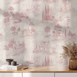 Pink French Vintage Toile Wallpaper