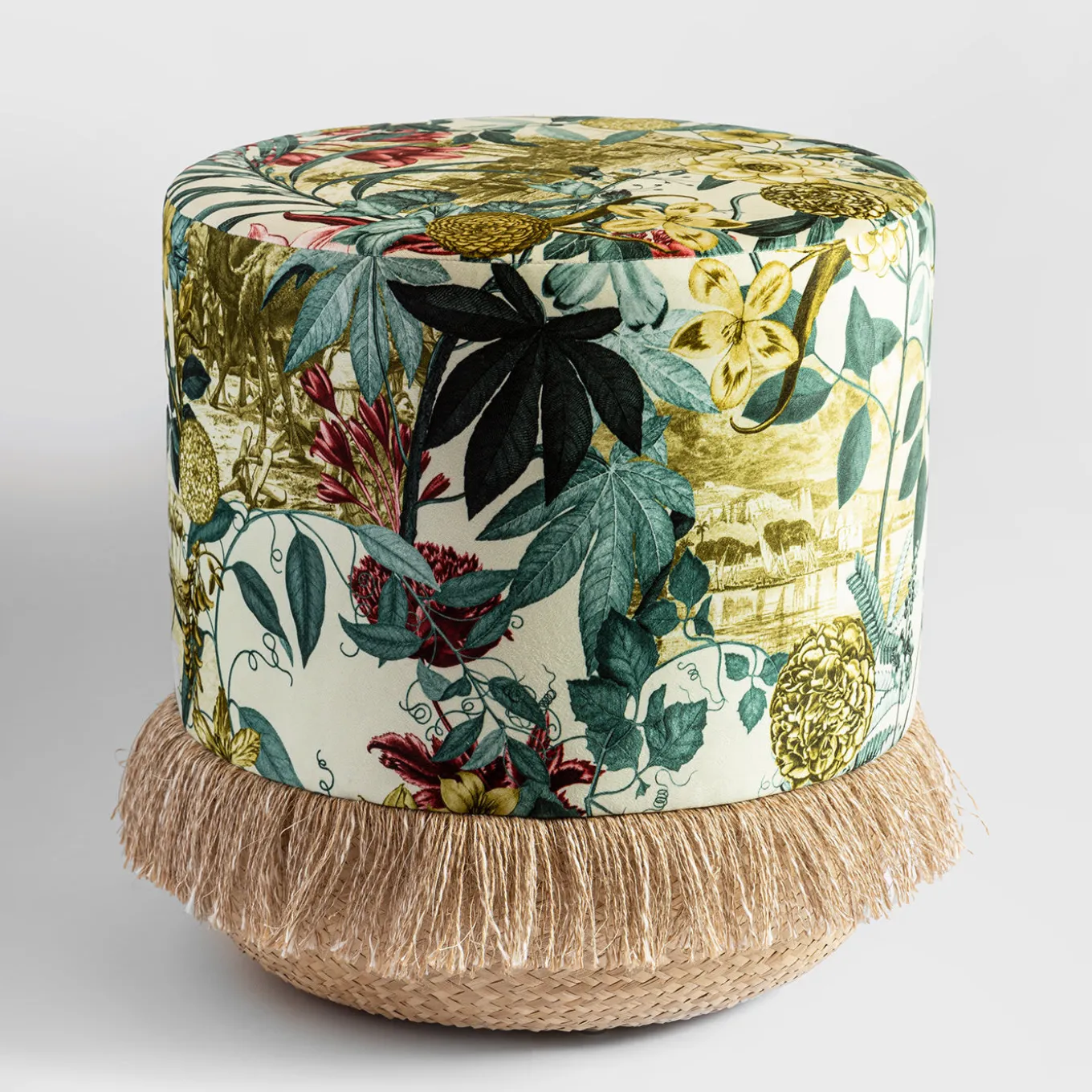 Pouf Notti d'Oriente with botanical fantasy and basket base