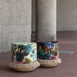 Pouf Notti d'Oriente with botanical fantasy and basket base