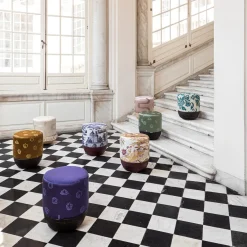 Pouf Vague Ivory with Rubelli archive fabric and basket base