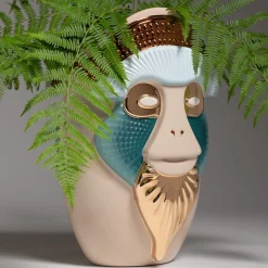 Primates Brazza Glossy Beige Ceramic With Metal Details Vase By Elena Salmistraro