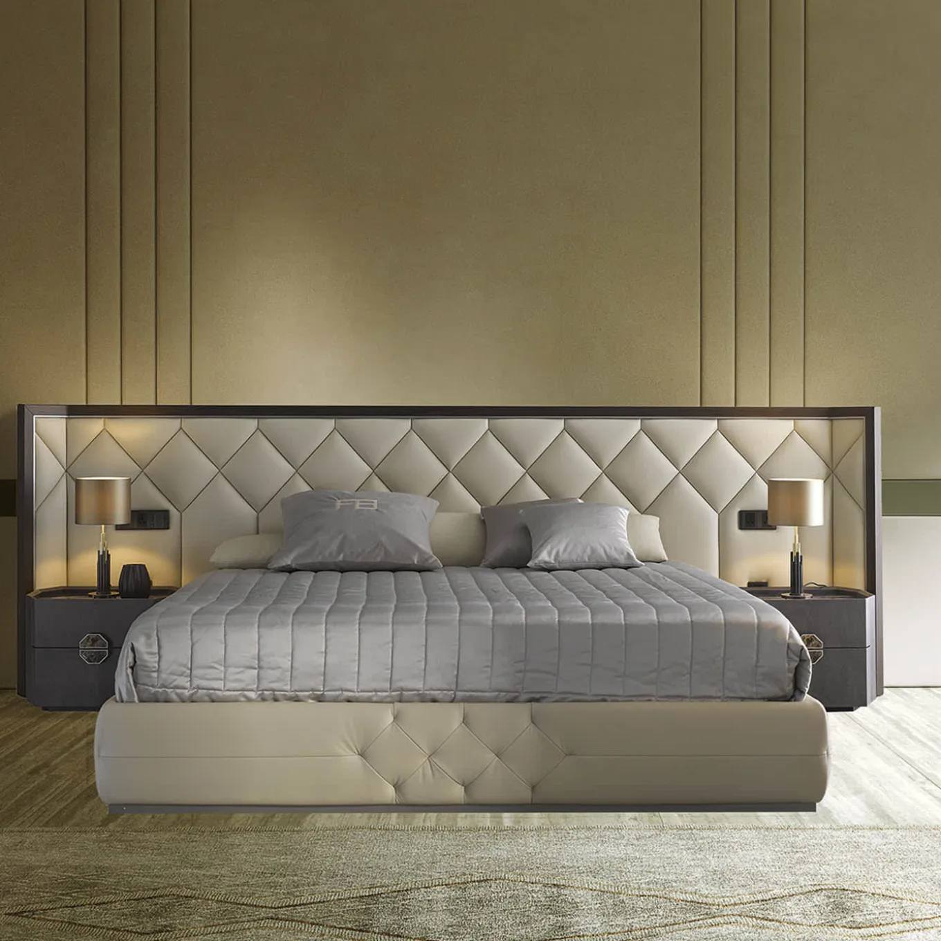 Princess Quilted Beige Leather & Canaletto Walnut Double Bed