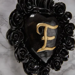 PUNK ROSES WITH INITIAL BLACK AND GOLD LEAF CERAMIC HEART