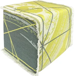 Reverso Fringed Cedar Yellow & Blue/Seaweed Green Jacquard Pouf