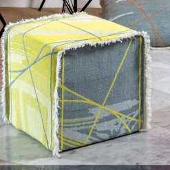 Reverso Fringed Cedar Yellow & Blue/Seaweed Green Jacquard Pouf