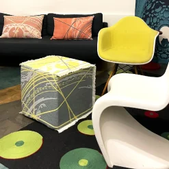 Reverso Fringed Cedar Yellow & Blue/Seaweed Green Jacquard Pouf