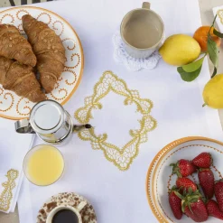 Rinascimento Gold-Embroidered White Linen Table Runner