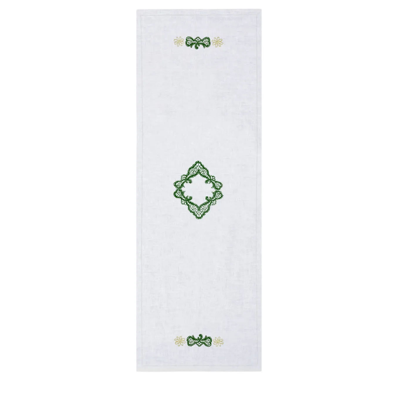 Rinascimento Green-Embroidered White Linen Table Runner