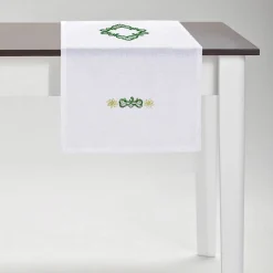 Rinascimento Green-Embroidered White Linen Table Runner