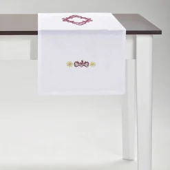 Rinascimento Red-Embroidered White Linen Table Runner