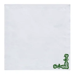 Rinascimento Set of 2 Green-Embroidered White Linen Napkins