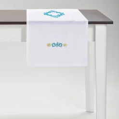 Rinascimento Turquoise-Embroidered White Linen Table Runner