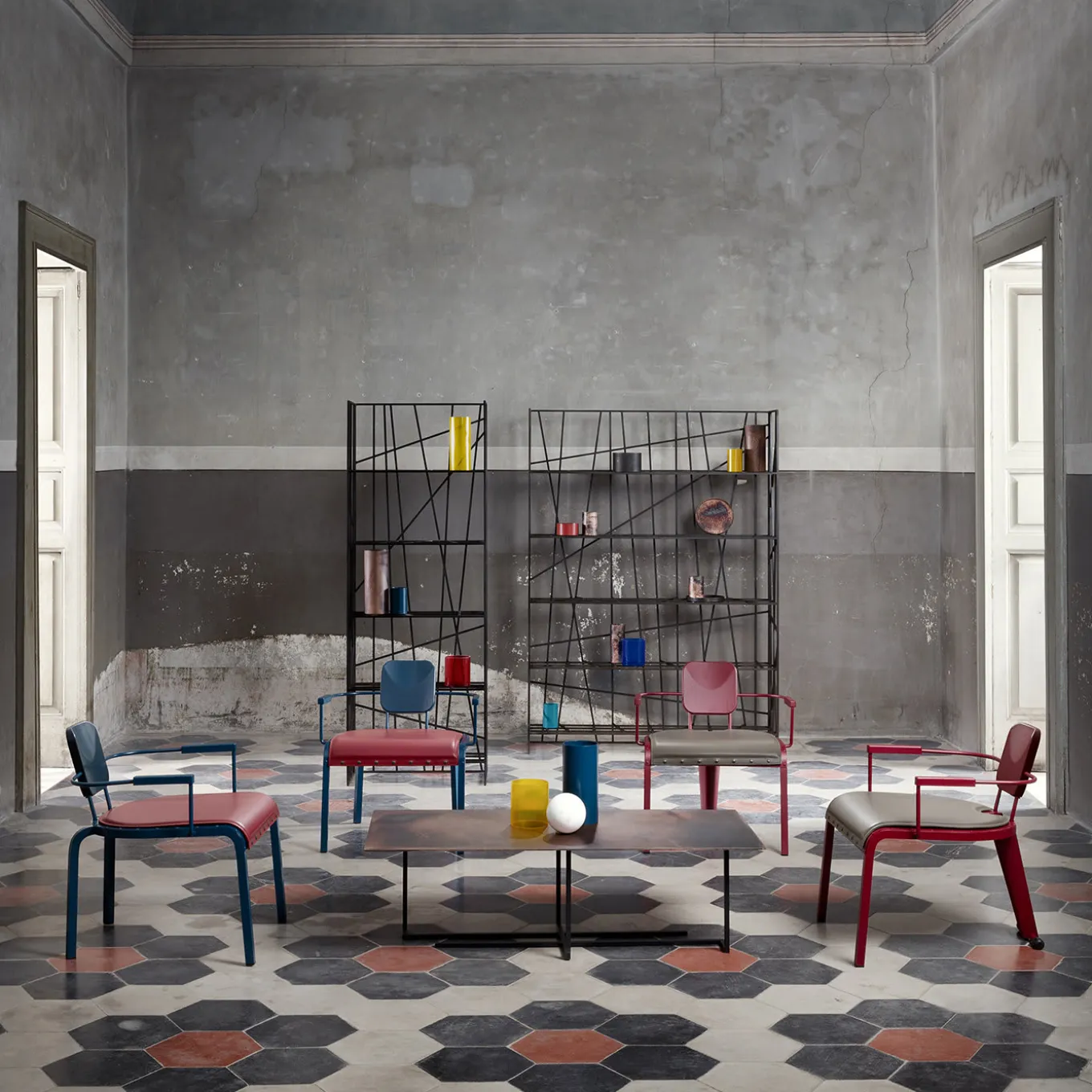 Rock4 Blue Lounge Armchair with Red Leather Seat by Marc Sadler