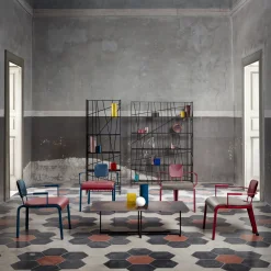 Rock Red Lounge Chair with Gray Leather Seat by Marc Sadler