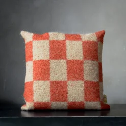 Ronce Square Checkered Orange & Beige Mohair Cushion