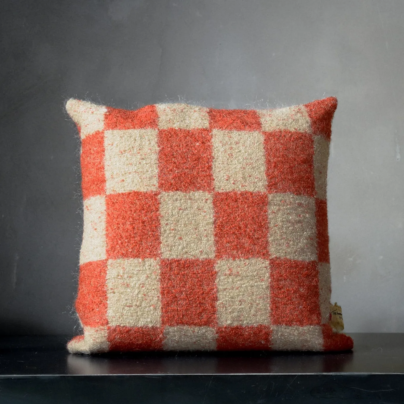 Ronce Square Checkered Orange & Beige Mohair Cushion