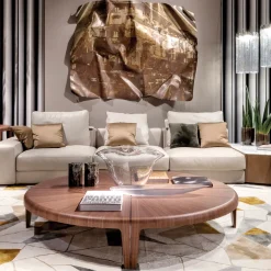 Round Canaletto Walnut Coffee Table with Metal Inlays