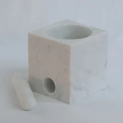 Rounded Cube White Marble Mortar and Pestle