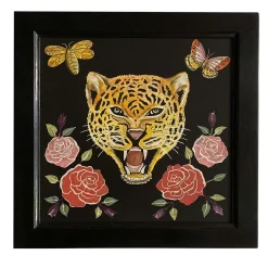 Scagliola Painting Feline with Flowers and Insects