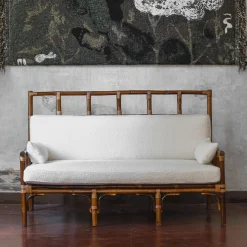 2-Seater White Dedar Fabric & Bamboo Bench