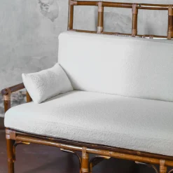2-Seater White Dedar Fabric & Bamboo Bench