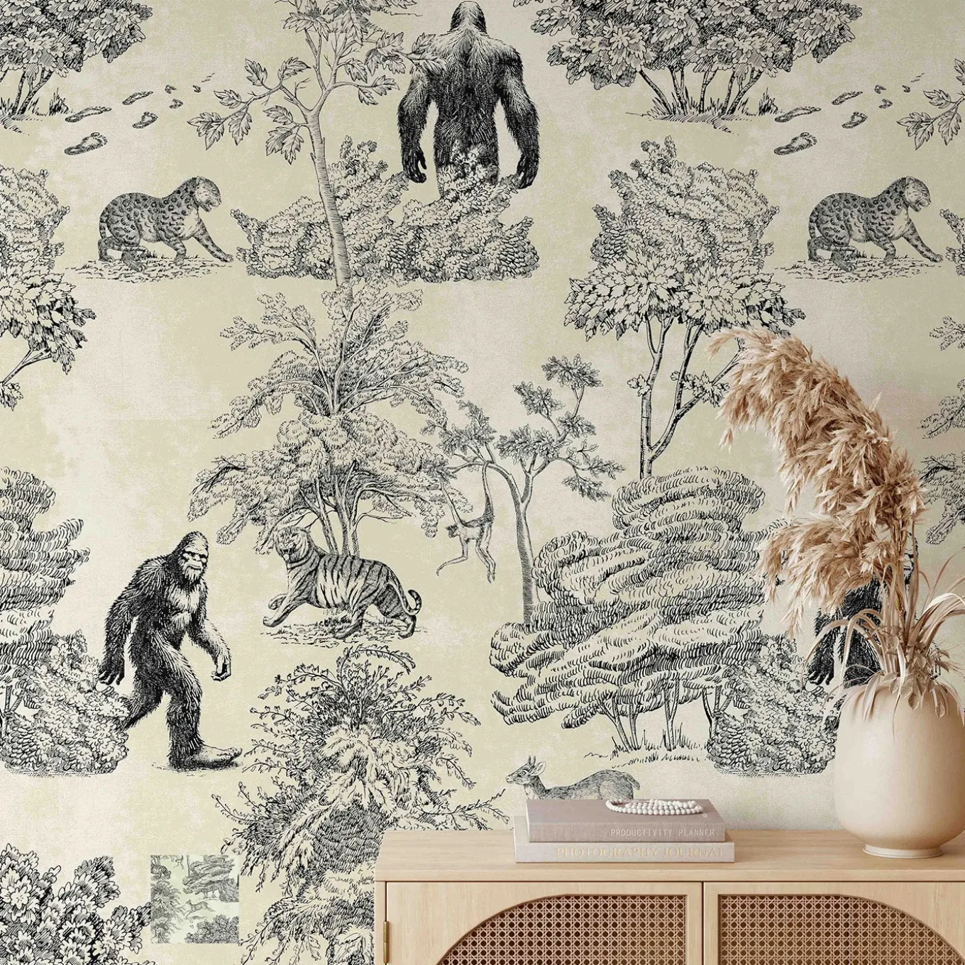 Sepia Tones Mystical Bigfoot Toile de Jouy Wallpaper