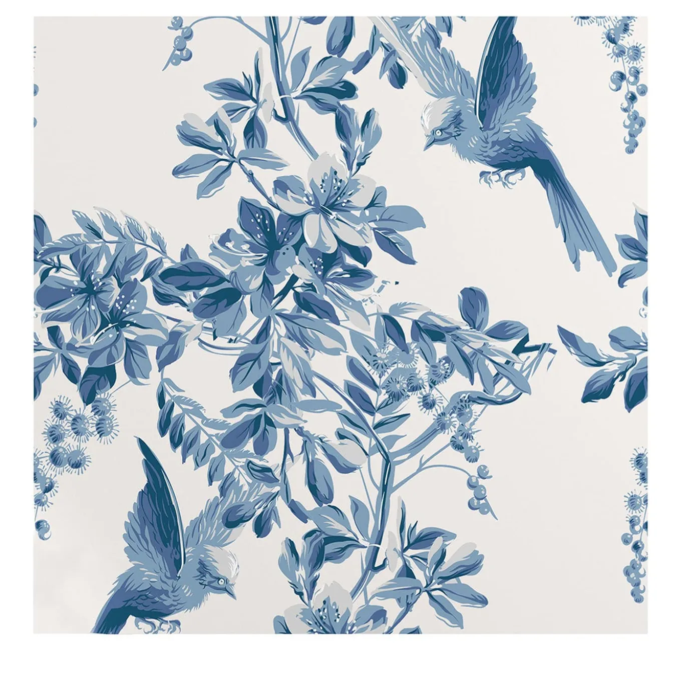 Serene Blue and White Bucolic Branches with Birds Wallpaper