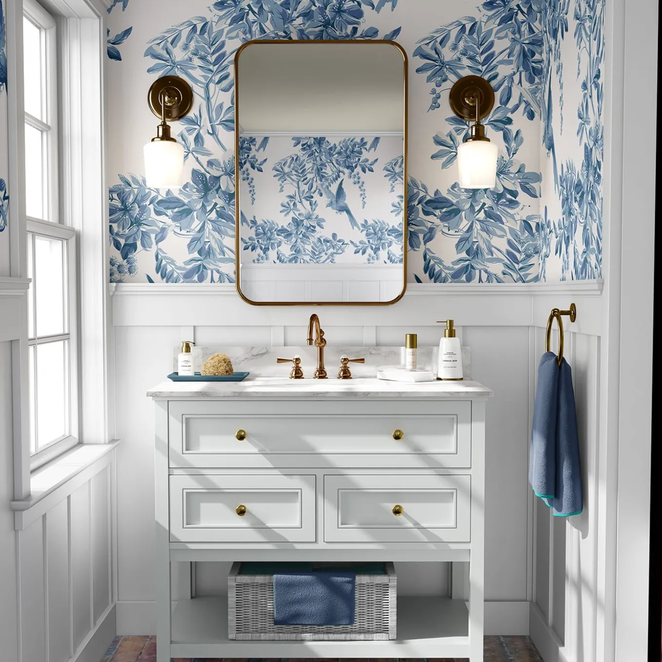 Serene Blue and White Bucolic Branches with Birds Wallpaper