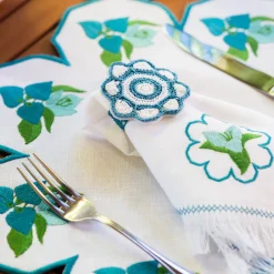 Set of 2 Bougainville Round White & Light Blue Linen Placemats