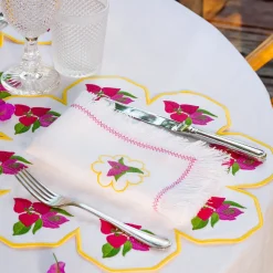 Set of 2 Bougainville Round White & Pink Linen Placemats