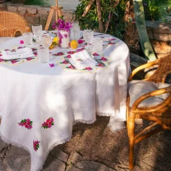 Set of 2 Bougainville Round White & Pink Linen Placemats