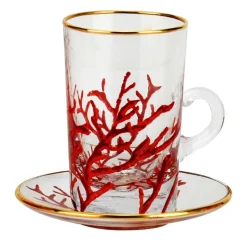 Set of 6 Coral Cups with Saucers