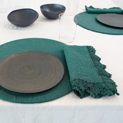 Set of 4 Forest Natural Linen Round Placemats with Wooden Support