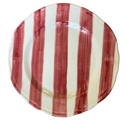 Set Of 4 Hand-Painted Ceramic Dining Plates With Red Stripes