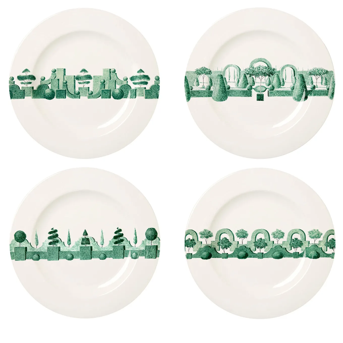 Set of 4 Jardin à l'Italienne Green Round Ceramic Dinner Plates