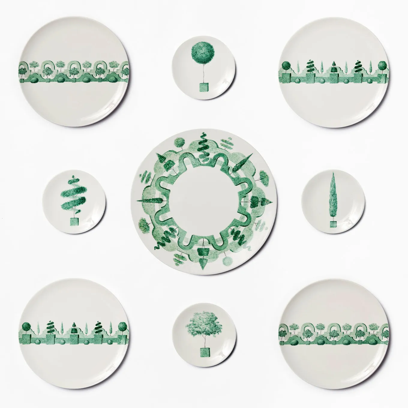 Set of 4 Jardin à l'Italienne Green Round Ceramic Dinner Plates
