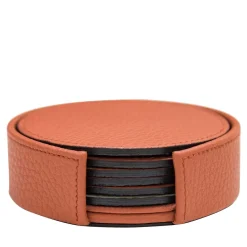Set of 6 Leather Coasters in Orange