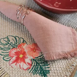 Set of 4 Luxury Hand-Fringed Silver-Pink Pure Linen Napkins